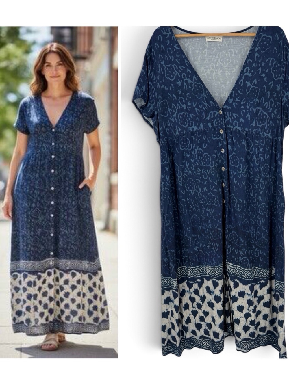 Natural Life Avery Soft Midi-Maxi Shirt Dress Blue Boho Print Pockets Button